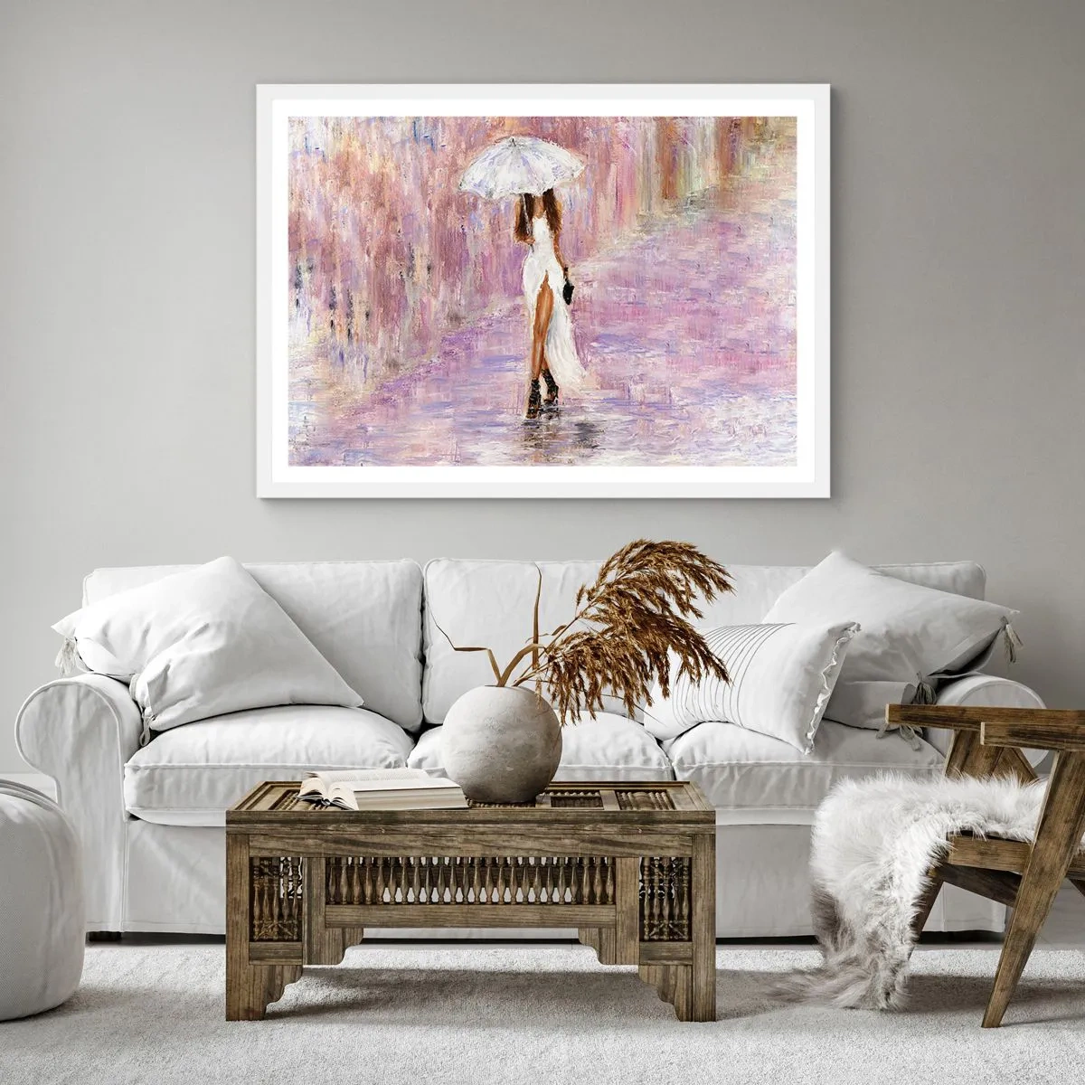 Affiche dans un cadre blanc - Poster - Sous la pluie lilas - 30x30 cm