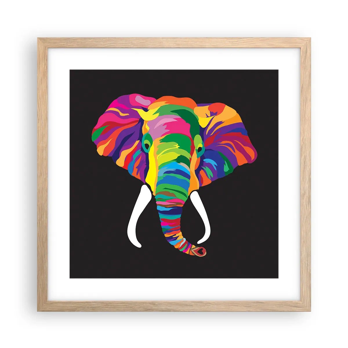 Affiche dans un chêne clair - Poster - L'éléphant qui aimait se baigner dans un arc-en-ciel - 40x40 cm