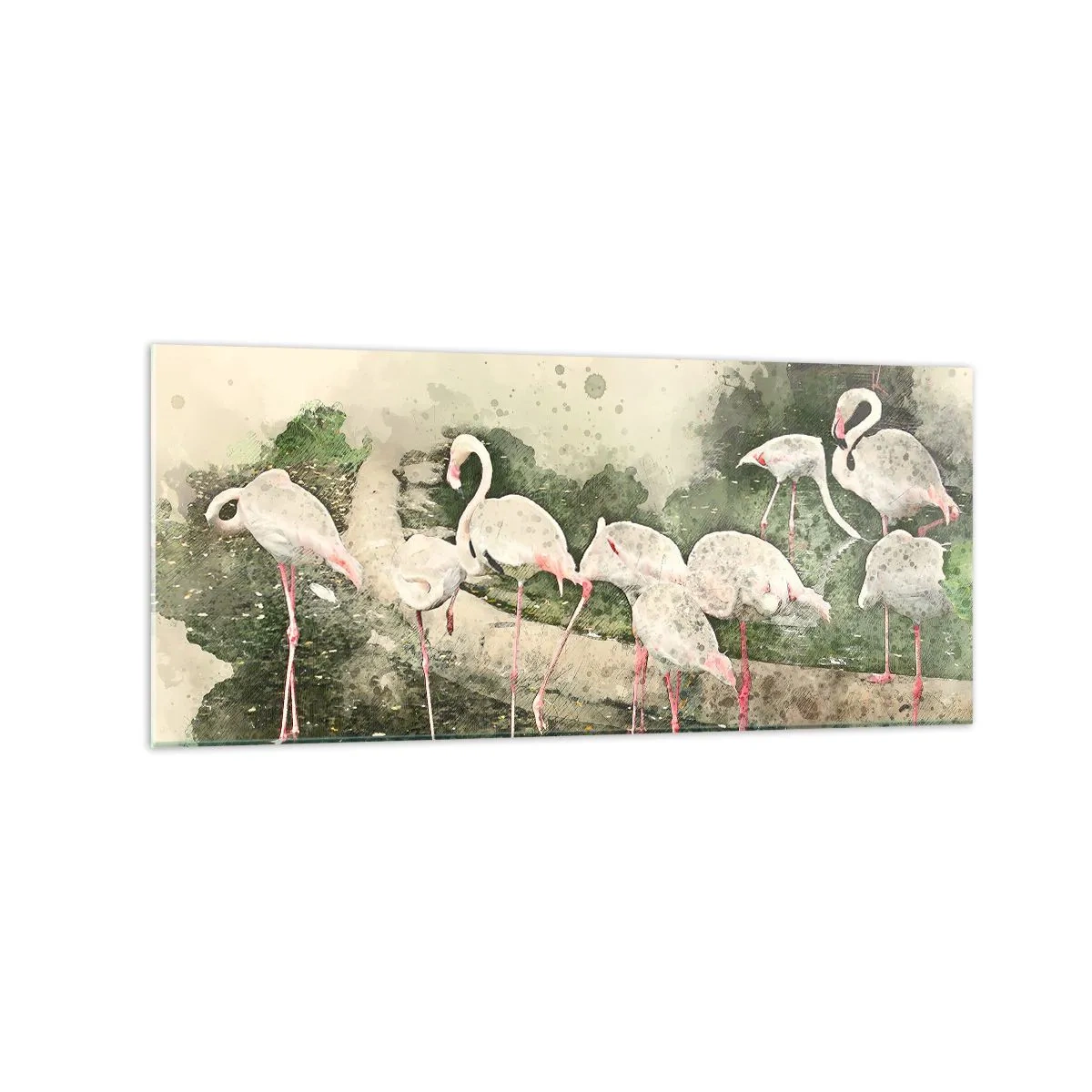 Impression sur verre - Image sur verre - Flamants roses dans leur environnement naturel dans un style aquarelle - 120x50cm - Rêve exotique - Décoration murale moderne pour le salon et la chambre ARTTOR