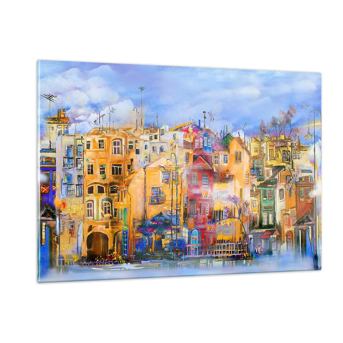 Impression sur verre - Image sur verre - Des immeubles colorés dans un cadre urbain artistique - 120x80cm - Nous sommes ensemble - Décoration murale moderne pour le salon et la chambre ARTTOR