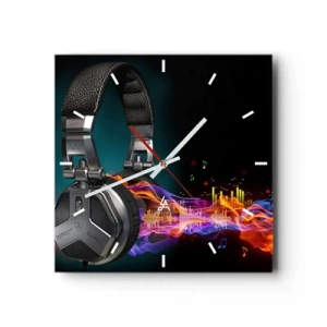 Horloge murale - Pendule murale - Casque noir avec effet de visualisation musicale colorée - 30x30cm - Dans le feu de la musique - Décoration murale moderne pour le salon et la chambre ARTTOR