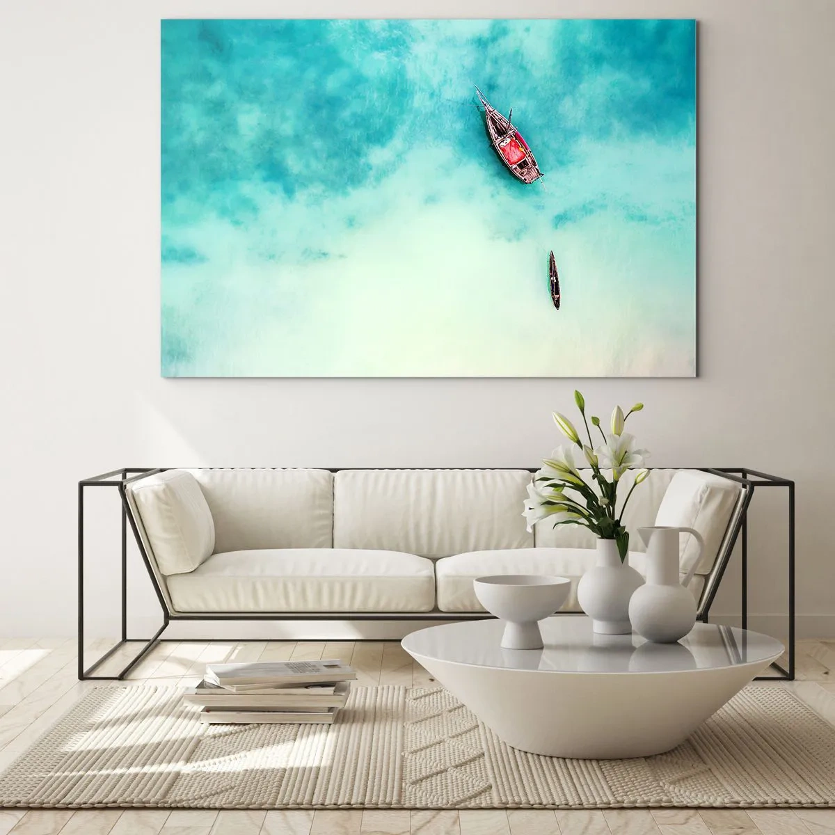 Impression sur verre - Image sur verre - Bateaux sur une eau azur dans un cadre paisible - 70x50cm - Car sur les plages de Zanzibar, quand il y a un débordement d'eau... - Décoration murale moderne pour le salon et la chambre ARTTOR