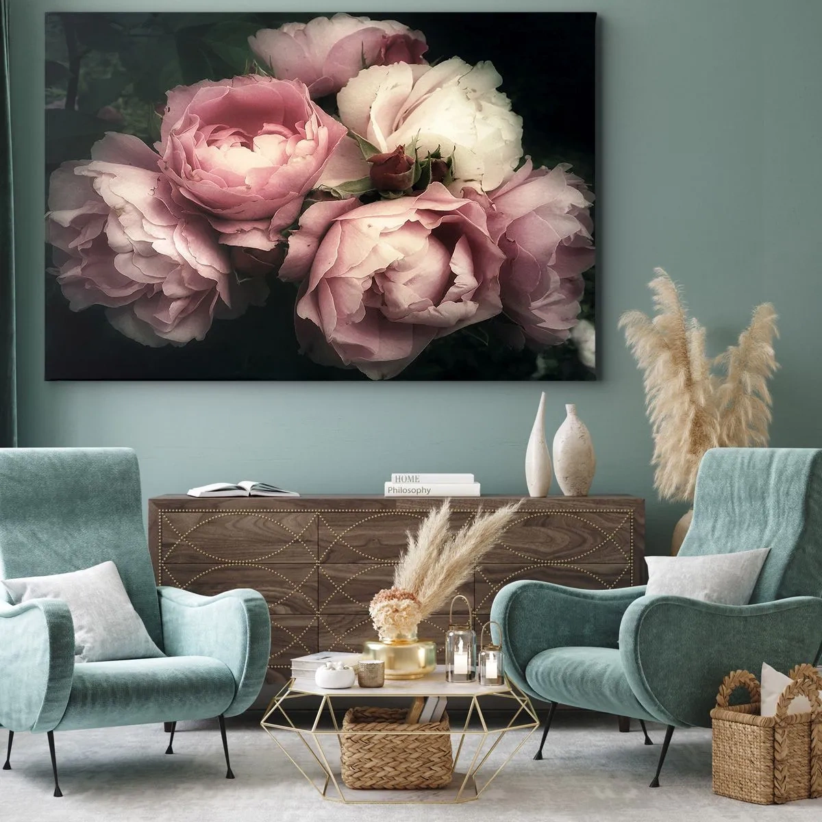 Impression sur toile - Image sur toile - Un bouquet de roses aux tons délicats de rose et de blanc - 70x50cm - Le charme de la belle époque - Décoration murale moderne pour le salon et la chambre ARTTOR