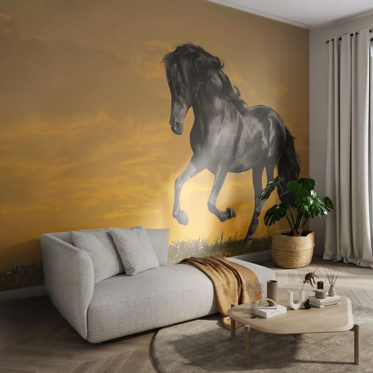 Papier Peint Photo Premium Sand - Un cheval noir galope contre un ciel de coucher de soleil doré. - 100x70cm - Beau, libre et sauvage - Décoration murale moderne pour le salon et la chambre ARTTOR
