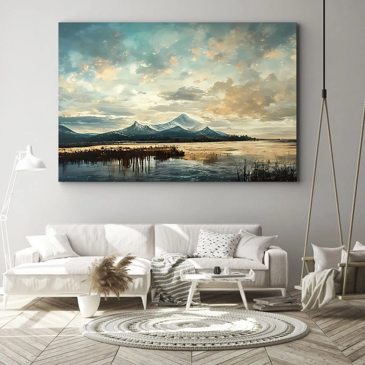 Impression sur toile - Image sur toile - Un paysage pittoresque avec une montagne et un lac calme - 70x50cm - Sous la protection du ciel - Décoration murale moderne pour le salon et la chambre ARTTOR