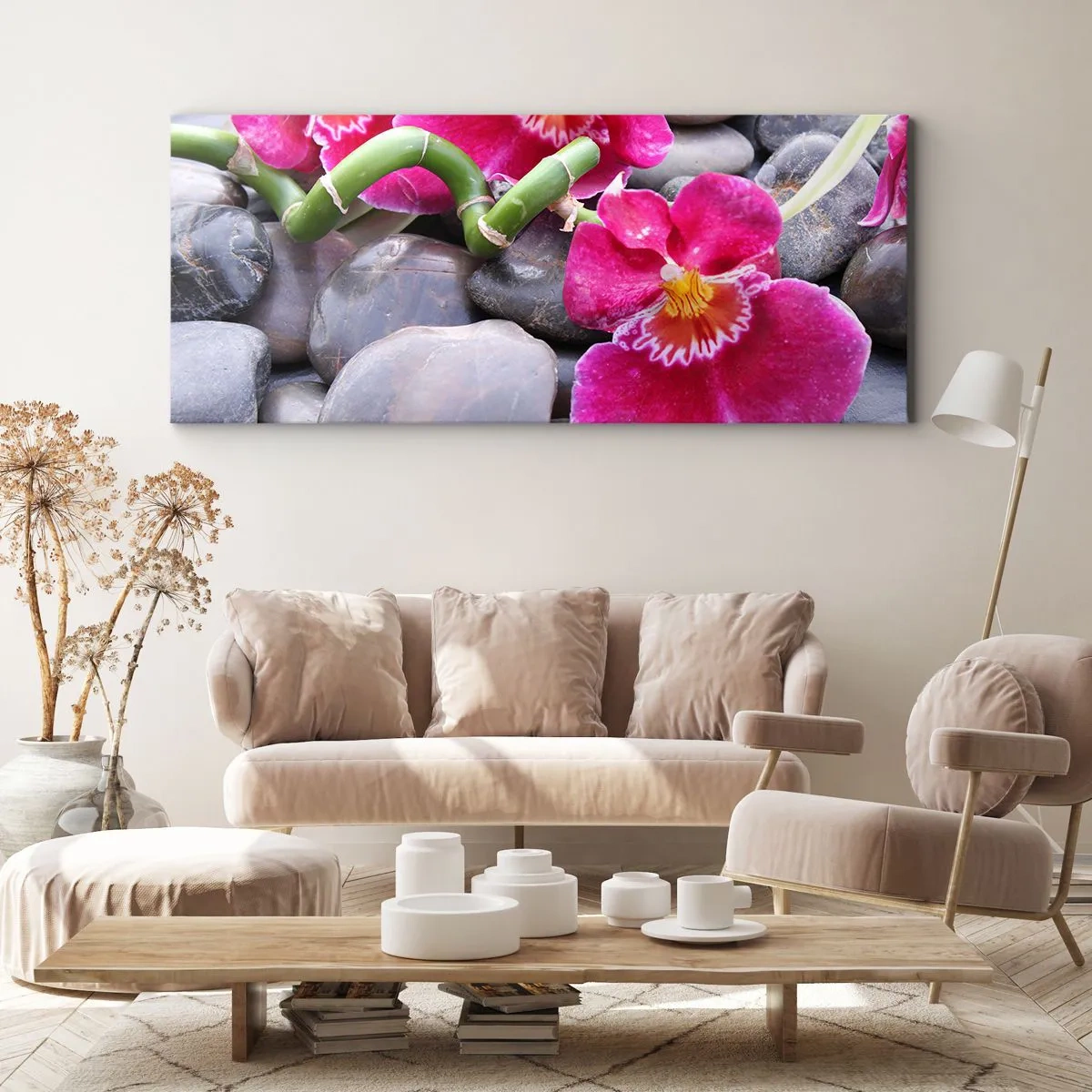 Impression sur toile - Image sur toile - Orchidées roses sur fond de pierres lisses - 140x50cm - Refroidir et chauffer - Décoration murale moderne pour le salon et la chambre ARTTOR