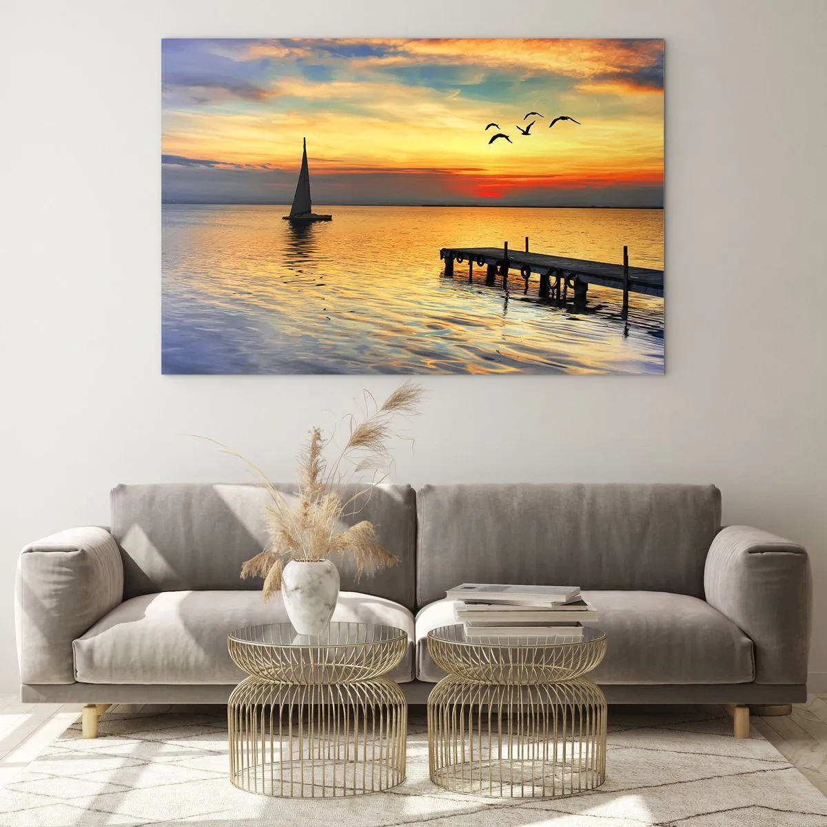 Impression sur verre - Image sur verre - Voilier et jetée au coucher du soleil sur un lac calme - 120x80cm - Le soir revient - Décoration murale moderne pour le salon et la chambre ARTTOR