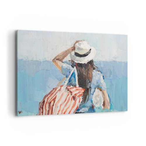 Impression sur toile - Image sur toile - Une femme avec un chapeau contre la mer bleue - 120x80cm - Bienvenue à vos vacances - Décoration murale moderne pour le salon et la chambre ARTTOR