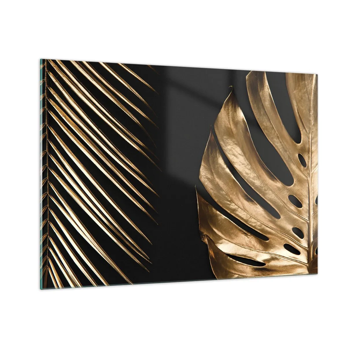 Impression sur verre - Image sur verre - Feuilles de palmier dorées et monsteras sur fond noir - 100x70cm - Différent et tout aussi cher - Décoration murale moderne pour le salon et la chambre ARTTOR