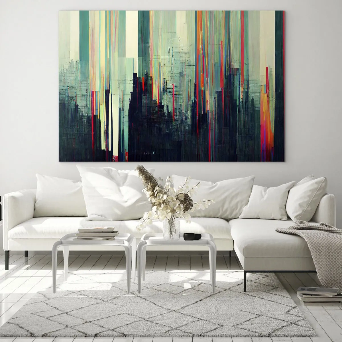 Impression sur verre - Image sur verre - Des lignes verticales colorées forment le contour d’une métropole futuriste. - 70x50cm - Ville futuriste - Décoration murale moderne pour le salon et la chambre ARTTOR