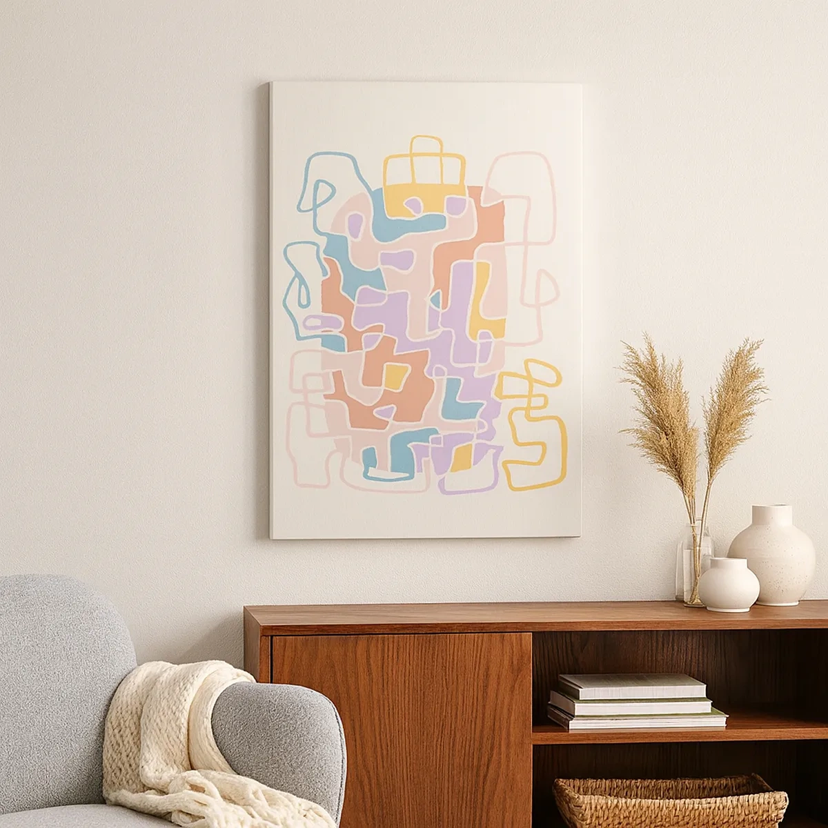 Impression sur toile - Image sur toile - Lignes abstraites pastel créant des motifs géométriques - 50x70cm - Labyrinthe – une aventure joyeuse - Décoration murale moderne pour le salon et la chambre ARTTOR