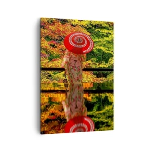 Impression sur toile - Image sur toile - Une femme en kimono avec un parapluie sur fond de paysage d'automne. - 50x70cm - Dans le temple de la nature - Décoration murale moderne pour le salon et la chambre ARTTOR