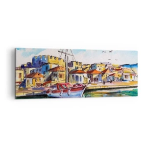 Impression sur toile - Image sur toile - Un port pittoresque avec un bateau et des bâtiments colorés - 140x50cm - Après-midi arc-en-ciel - Décoration murale moderne pour le salon et la chambre ARTTOR