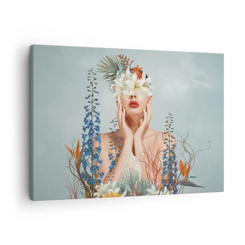 Impression sur toile - Image sur toile - Portrait d'une femme avec un motif floral sur fond bleu - 70x50cm - Femme - fleur - Décoration murale moderne pour le salon et la chambre ARTTOR