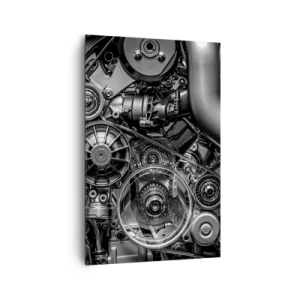 Impression sur toile - Image sur toile - Gros plan noir et blanc des détails mécaniques d'un moteur de voiture. - 80x120cm - Poésie mécanique - Décoration murale moderne pour le salon et la chambre ARTTOR