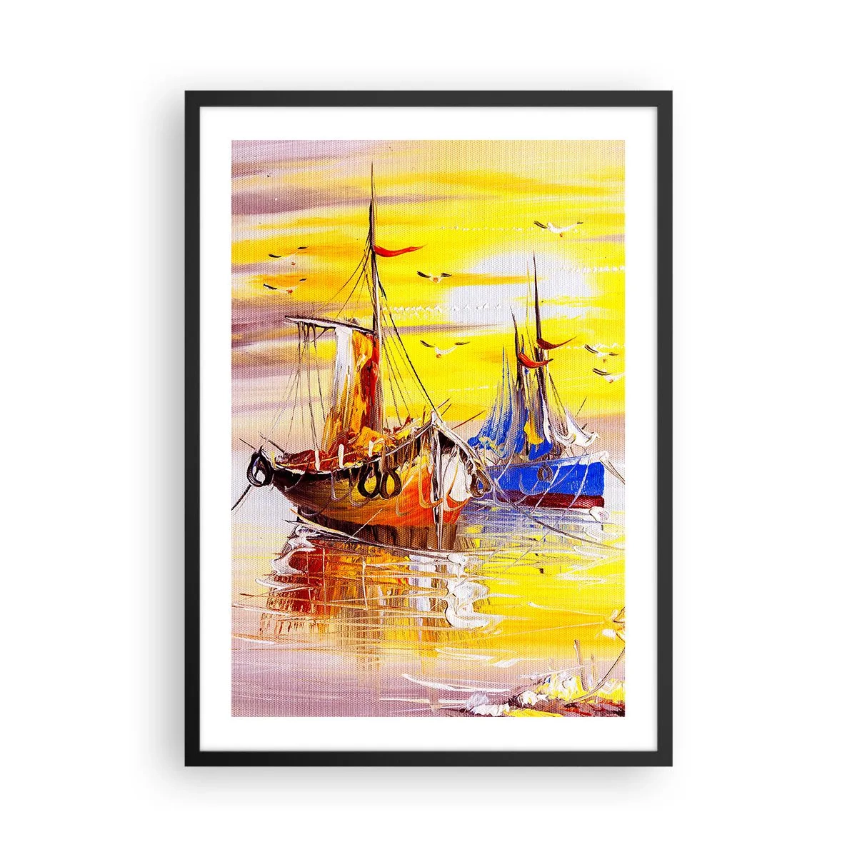 Affiche dans un cadre noir - Poster - Voiliers colorés au coucher du soleil - 50x70cm - Un repos bien mérité au port - Décoration murale moderne pour le salon et la chambre ARTTOR