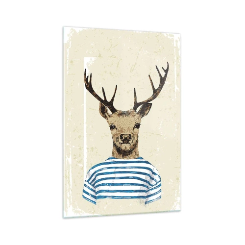 Impression sur verre - Image sur verre - Un cerf en chemise rayée sur un fond clair avec une texture délicate - 70x100cm - Parce que j'aime les chemises rayées - Décoration murale moderne pour le salon et la chambre ARTTOR