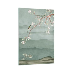 Impression sur verre - Image sur verre - Une image pittoresque d'une branche d'arbre en fleurs avec des oiseaux sur fond de collines verdoyantes. - 70x100cm - Printemps oh c'est toi - Décoration murale moderne pour le salon et la chambre ARTTOR