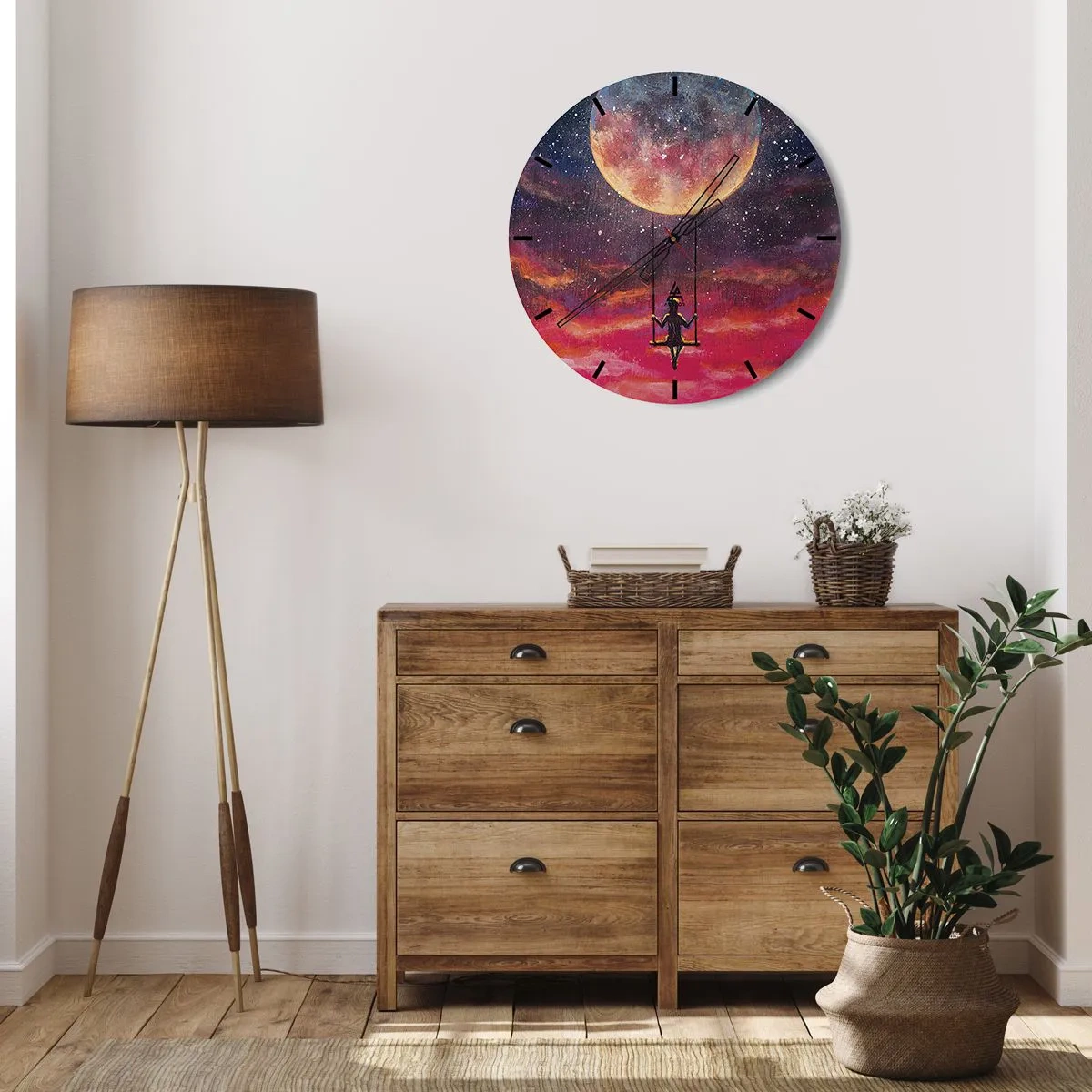 Horloge murale - Pendule murale - Une fille sur une balançoire suspendue sous la lune - 30x30cm - Se balancer dans les nuages - Décoration murale moderne pour le salon, la cuisine et la chambre ARTTOR