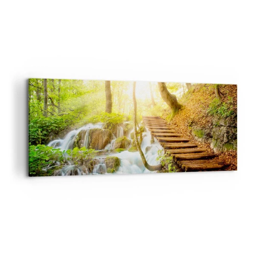 Impression sur toile - Image sur toile - Chemin forestier avec escaliers en bois près de la cascade - 120x50cm - Une fraîcheur tant désirée - Décoration murale moderne pour le salon et la chambre ARTTOR
