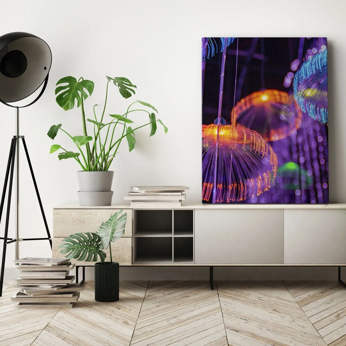 Impression sur toile - Image sur toile - Méduses lumineuses colorées dans un environnement sombre - 50x70cm - Fontaine lumineuse - Décoration murale moderne pour le salon et la chambre ARTTOR