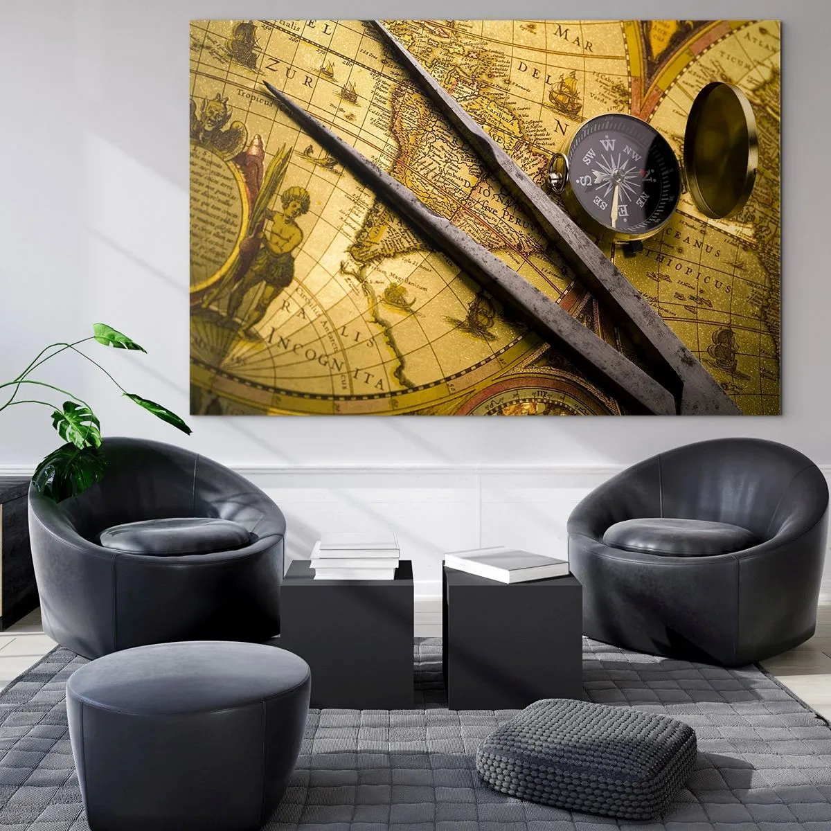 Impression sur verre - Image sur verre - Ancienne carte avec boussole et compas - 120x80cm - Où sont ces trésors? - Décoration murale moderne pour le salon et la chambre ARTTOR