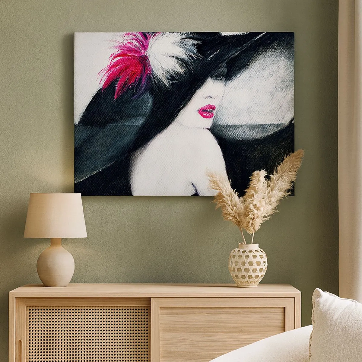 Impression sur toile - Image sur toile - Femme élégante avec un chapeau à plumes - 70x50cm - Toujours un secret - Décoration murale moderne pour le salon et la chambre ARTTOR