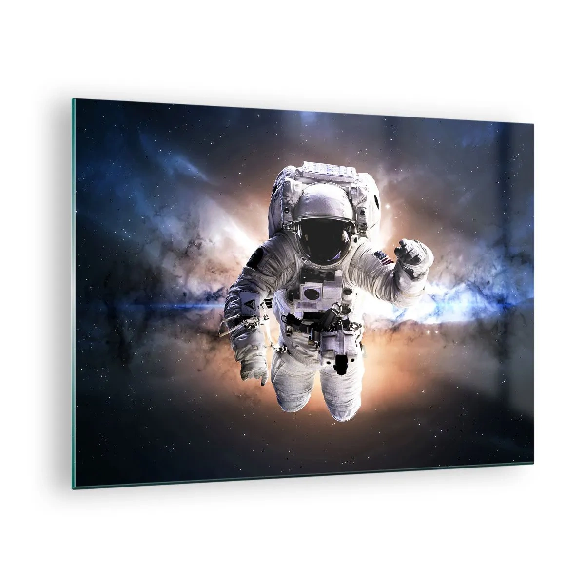 Impression sur verre - Image sur verre - Astronaute dans l'espace avec une galaxie en arrière-plan - 70x50cm - Salutations de l'espace - Décoration murale moderne pour le salon et la chambre ARTTOR