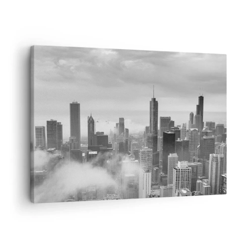 Impression sur toile - Image sur toile - Panorama de la ville avec des gratte-ciels dans les nuages en noir et blanc - 70x50cm - Paysage américain - Décoration murale moderne pour le salon et la chambre ARTTOR