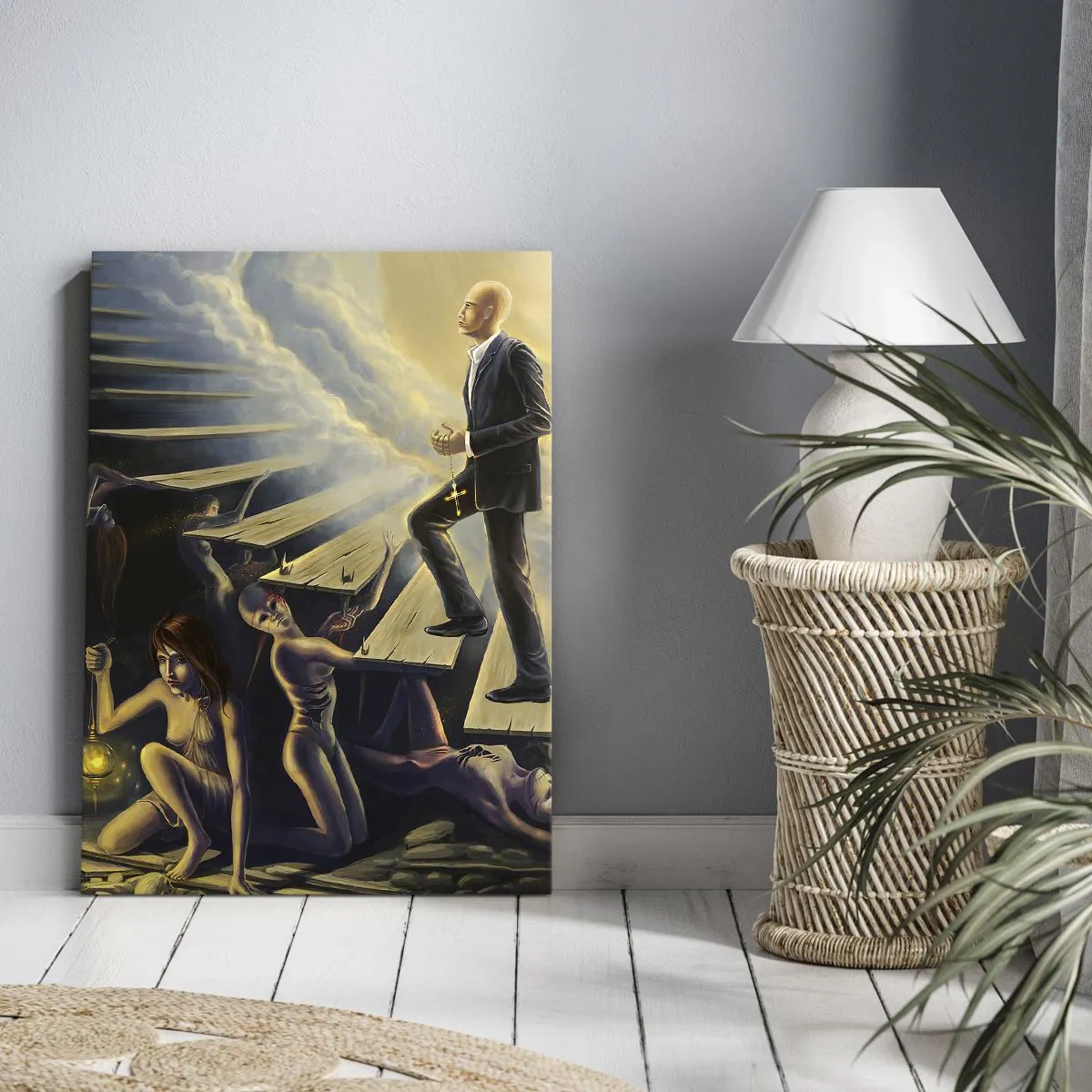Impression sur toile - Image sur toile - Une scène symbolique du chemin vers la lumière à travers un escalier délabré - 70x100cm - Voyage dantesque vers la lumière - Décoration murale moderne pour le salon et la chambre ARTTOR