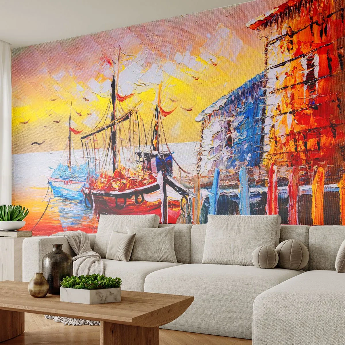 Papier Peint Photo Premium Canvas - Bon retour - Paysage, Port des Pêcheurs, Bateaux - 300x210 cm