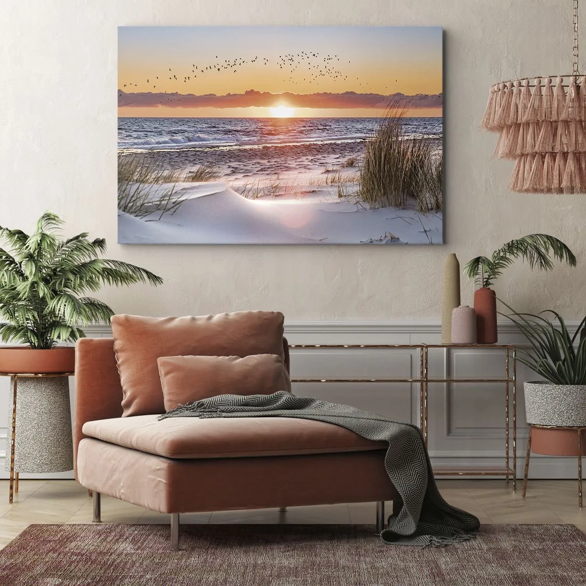 Impression sur toile - Image sur toile - Coucher de soleil sur la mer avec vue sur les dunes - 100x70cm - Paysage horizontal - Décoration murale moderne pour le salon et la chambre ARTTOR