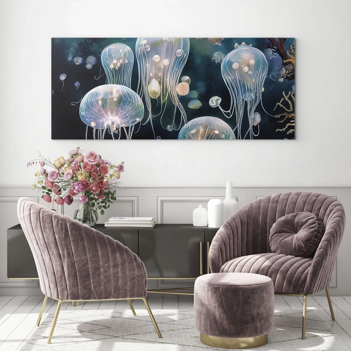 Impression sur verre - Image sur verre - Méduses délicates dans le monde sous-marin - 120x50cm - Ballon sous-marin - Décoration murale moderne pour le salon et la chambre ARTTOR