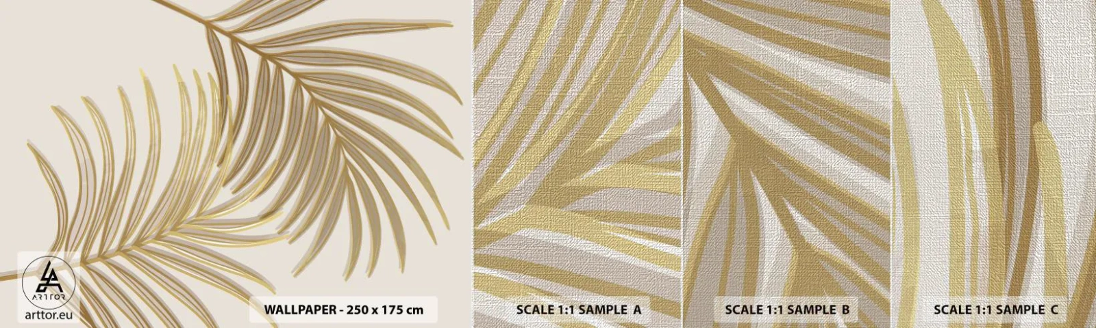 Échantillon de Papier Peint Premium Canvas - Palme d'or! - Abstraction, Feuille de palmier, Graphique - 100x30 cm
