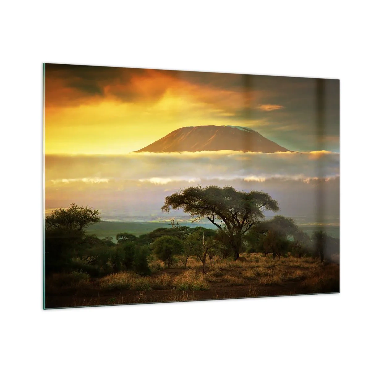 Impression sur verre - Image sur verre - Le mont Kilimandjaro entouré de nuages sur fond de savane africaine - 100x70cm - Un rêve de voyageur - Décoration murale moderne pour le salon et la chambre ARTTOR
