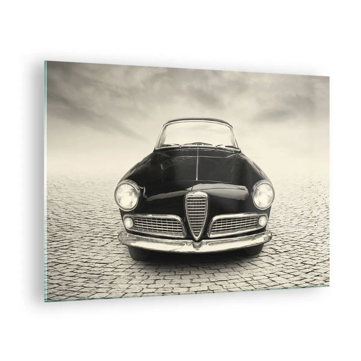 Impression sur verre - Image sur verre - Voiture classique sur une route pavée en noir et blanc - 70x50cm - Et alors! Tu ne m'aime pas? - Décoration murale moderne pour le salon et la chambre ARTTOR