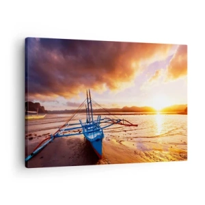 Impression sur toile - Image sur toile - Bateau bleu sur la plage au coucher du soleil - 70x50cm - Allongez-vous dans le sable après une longue journée - Décoration murale moderne pour le salon et la chambre ARTTOR