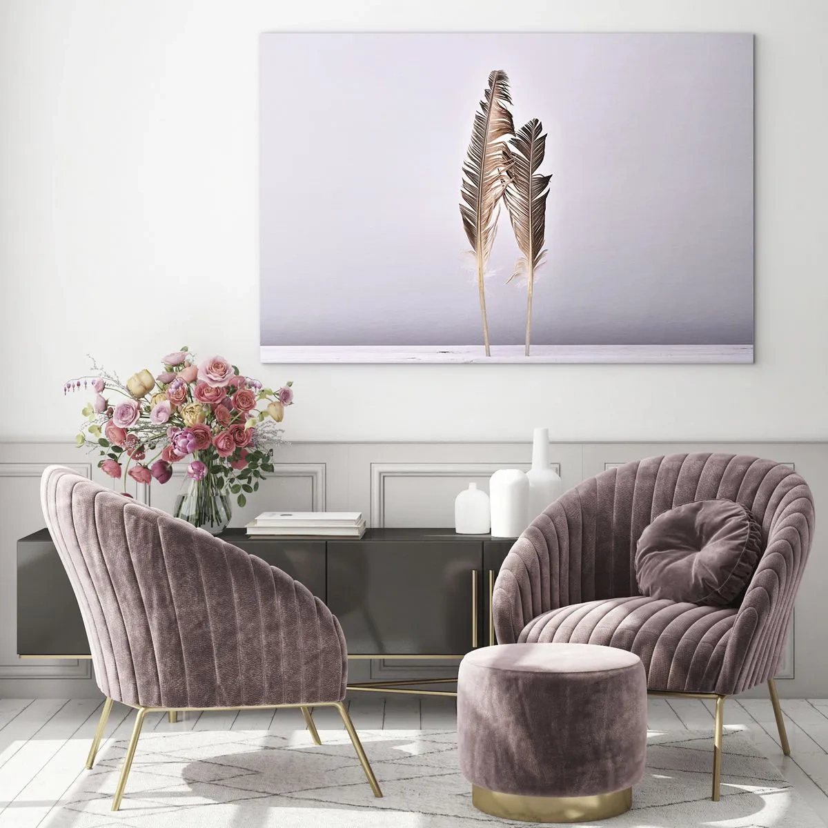 Impression sur verre - Image sur verre - Deux plumes délicates sur un fond clair - 100x70cm - Face au néant - Décoration murale moderne pour le salon et la chambre ARTTOR