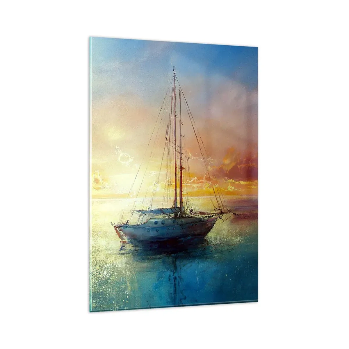 Impression sur verre - Image sur verre - Un yacht sur une mer calme au coucher du soleil - 80x120cm - Dans une baie dorée - Décoration murale moderne pour le salon et la chambre ARTTOR