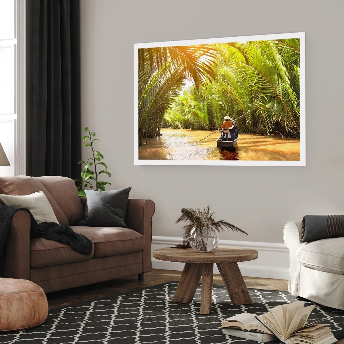 Affiche - Poster - Un bateau sur une rivière entourée de végétation tropicale - 100x70cm - Ravin de palmier - Décoration murale moderne pour le salon et la chambre ARTTOR