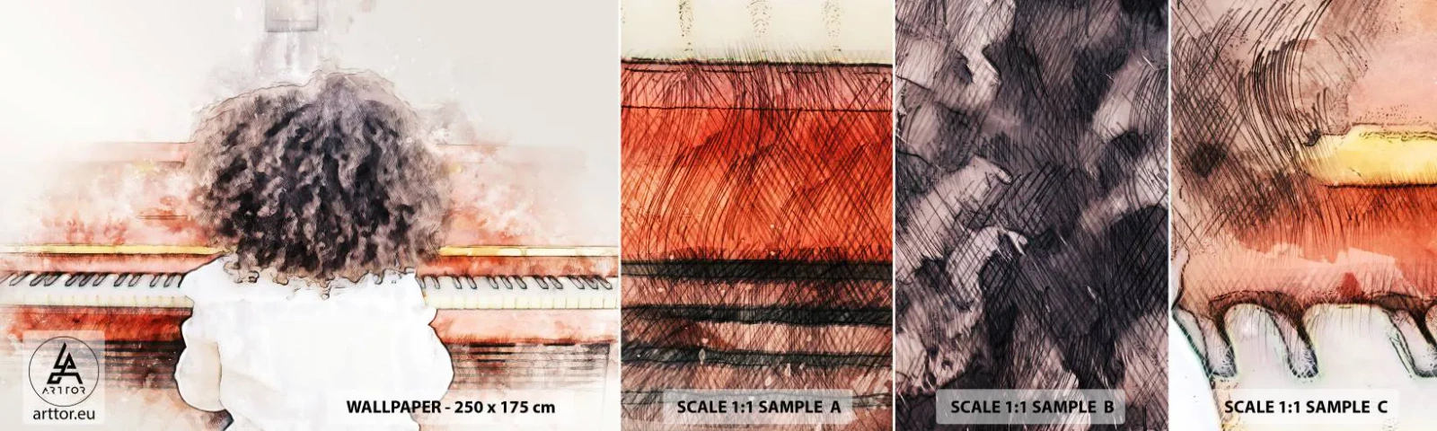 Échantillon de Papier Peint Autocollant Deluxe Sticker - Dans un nouveau monde - Piano, Musique, Musicien - 100x30 cm