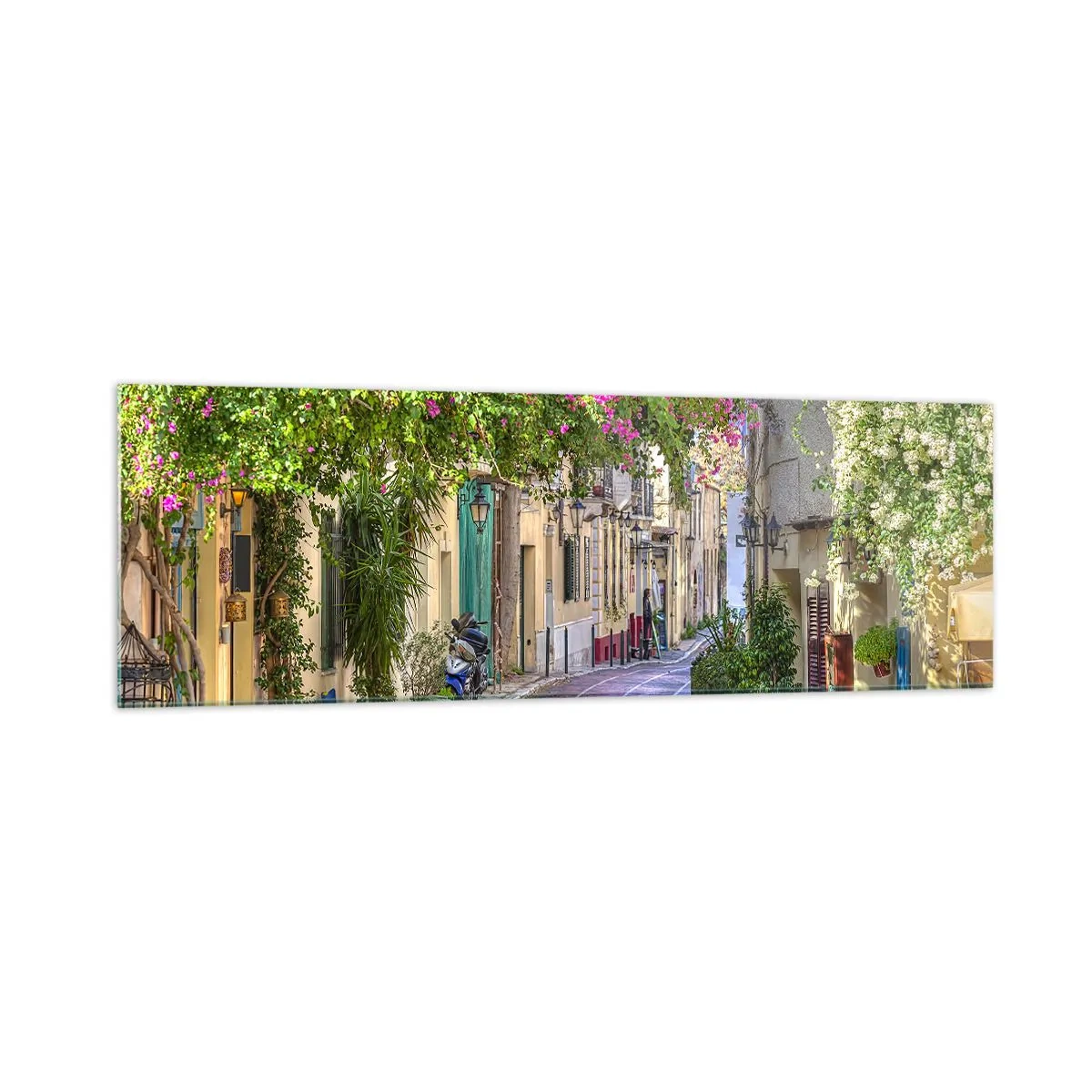 Impression sur verre - Image sur verre - Une charmante rue avec des vignes fleuries et des tables de café - 160x50cm - Allée fleurie - Décoration murale moderne pour le salon et la chambre ARTTOR