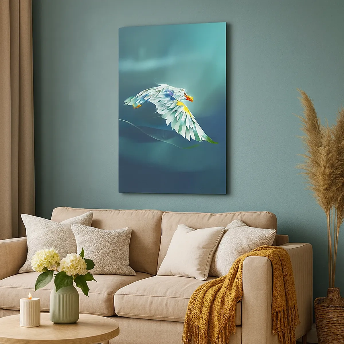 Impression sur toile - Image sur toile - Aigle abstrait en vol contre un ciel turquoise - 50x70cm - Aigle, puissance de tes vols - Décoration murale moderne pour le salon et la chambre ARTTOR