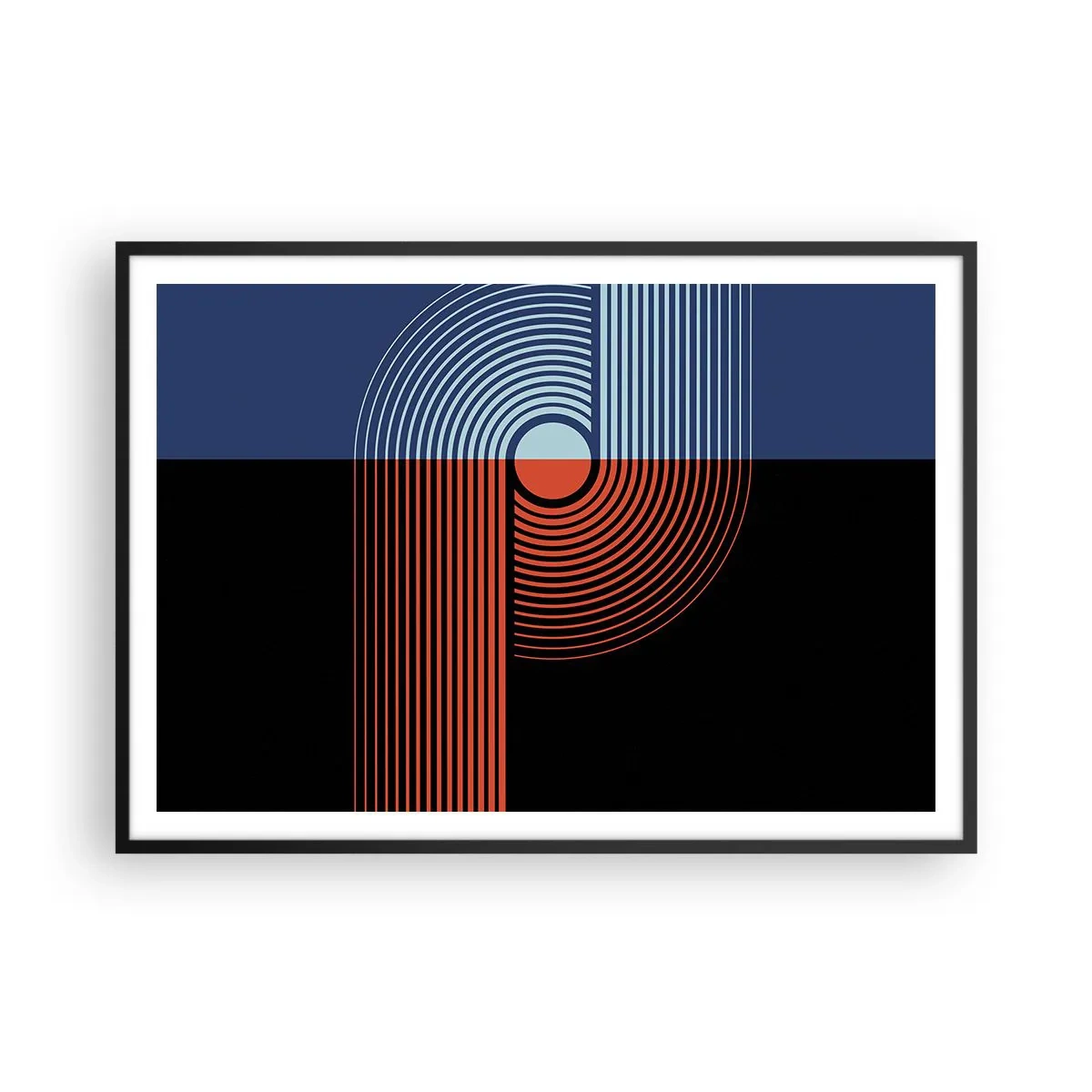 Affiche dans un cadre noir - Poster - Abstraction géométrique avec des lignes bleu marine et orange. - 100x70cm - Dans une étreinte géométrique - Décoration murale moderne pour le salon et la chambre ARTTOR
