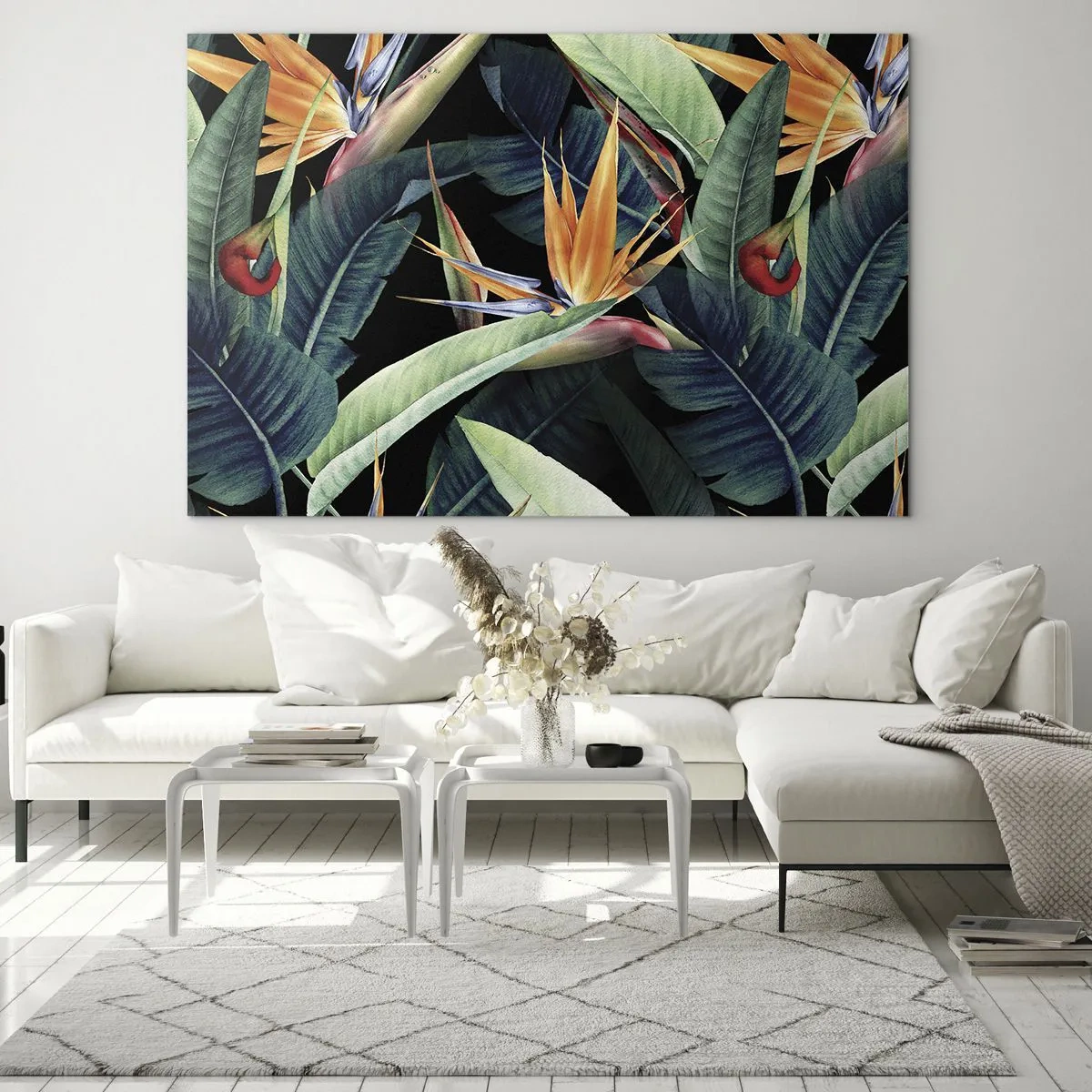 Impression sur verre - Image sur verre - Fleurs de Strelitzia et feuilles tropicales sur fond noir - 100x70cm - Fleurs flamboyantes des tropiques - Décoration murale moderne pour le salon et la chambre ARTTOR