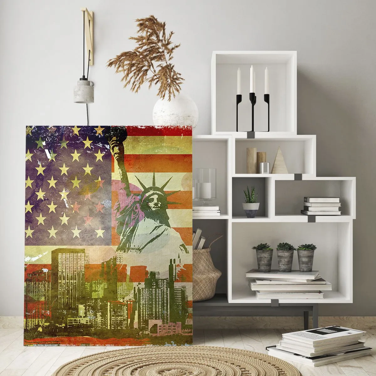 Impression sur verre - Image sur verre - Drapeau américain avec la silhouette de la Statue de la Liberté et le paysage urbain - 50x70cm - Vive l'Amérique! - Décoration murale moderne pour le salon et la chambre ARTTOR