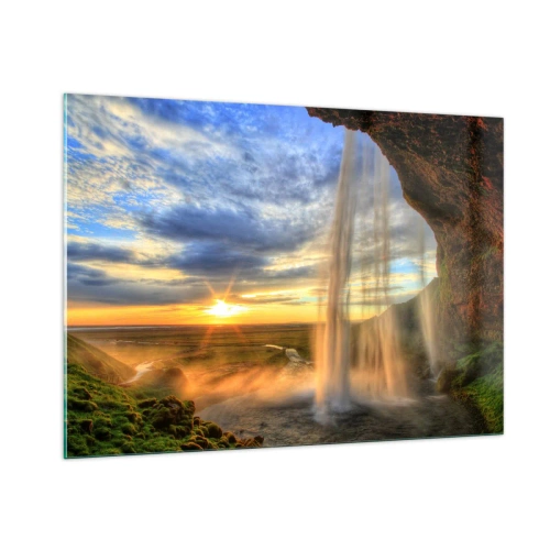 Impression sur verre - Image sur verre - Cascade avec vue sur le coucher de soleil et la vallée - 100x70cm - Le monde derrière un voile de gouttes - Décoration murale moderne pour le salon et la chambre ARTTOR