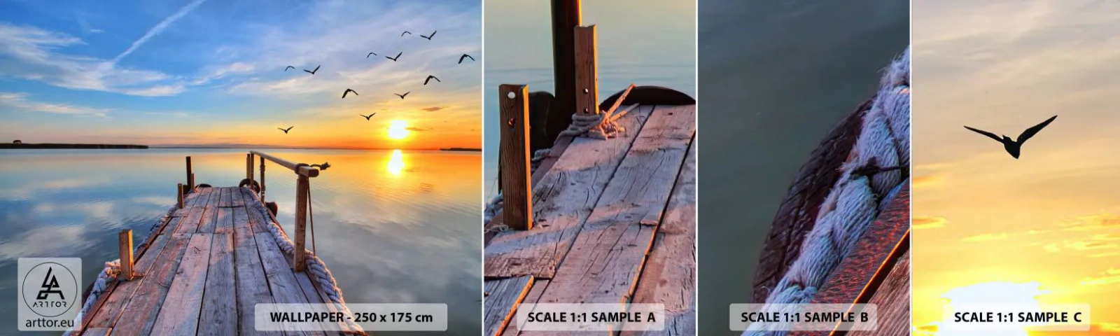 Échantillon De Papier Peint Standard Eco - Marcher droit vers le soleil - Paysage, Lac, Pont de bois - 100x30 cm