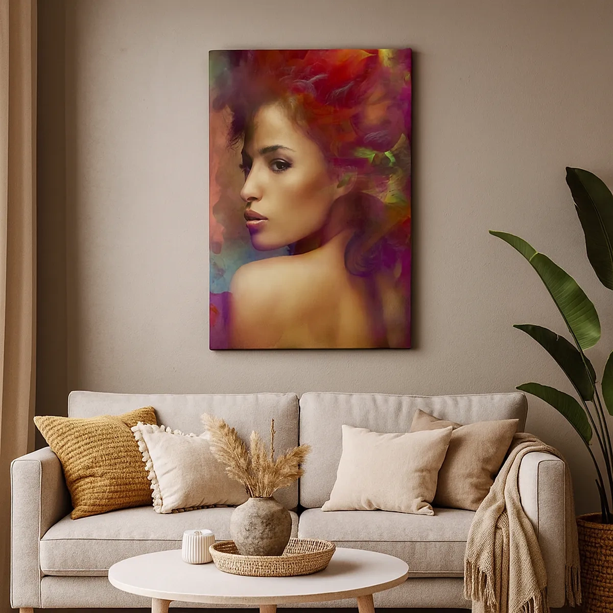 Impression sur toile - Image sur toile - Une femme aux reflets colorés créant un arrière-plan abstrait - 50x70cm - Plus beau qu'un arc-en-ciel, aussi délicat qu'un brouillard - Décoration murale moderne pour le salon et la chambre ARTTOR