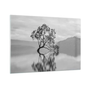 Impression sur verre - Image sur verre - Un arbre solitaire sur l'eau dans un paysage noir et blanc - 100x70cm - Un tel pays existe - Décoration murale moderne pour le salon et la chambre ARTTOR